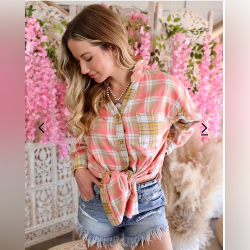 Perfectly BARBIE Pink & Yellow Plaid Button Up Shirt PLEASE READ DESCRIPTION